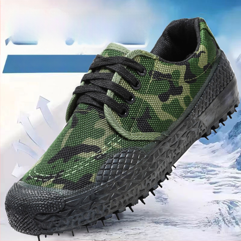 Pracovná obuv s camo plátnom, priedušná, odolná voči opotrebeniu, šnúrky, okrúhla špička