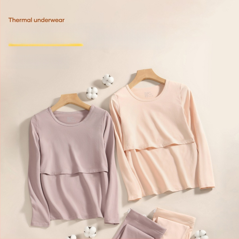 Tehotenský set: bavlnený pletený top s balónikovými rukávmi a dlhé nohavice, okrúhly výstrih, stredná hrúbka látky