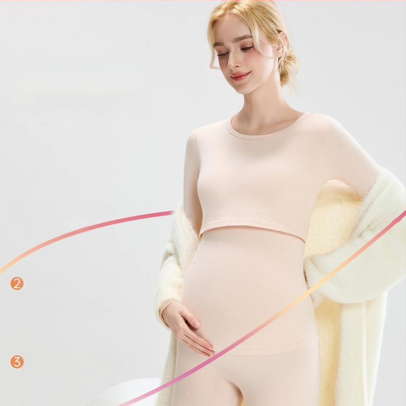 Tehotenský set: bavlnený pletený top s balónikovými rukávmi a dlhé nohavice, okrúhly výstrih, stredná hrúbka látky