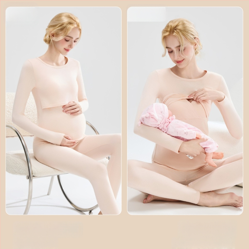 Tehotenský set: bavlnený pletený top s balónikovými rukávmi a dlhé nohavice, okrúhly výstrih, stredná hrúbka látky