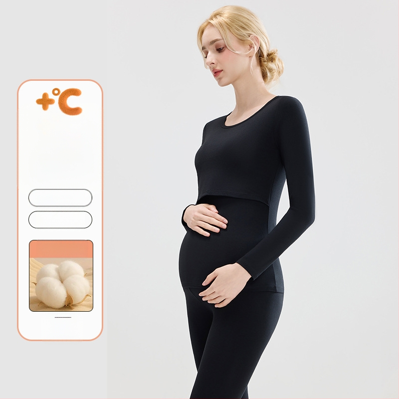 Tehotenský set: bavlnený pletený top s balónikovými rukávmi a dlhé nohavice, okrúhly výstrih, stredná hrúbka látky