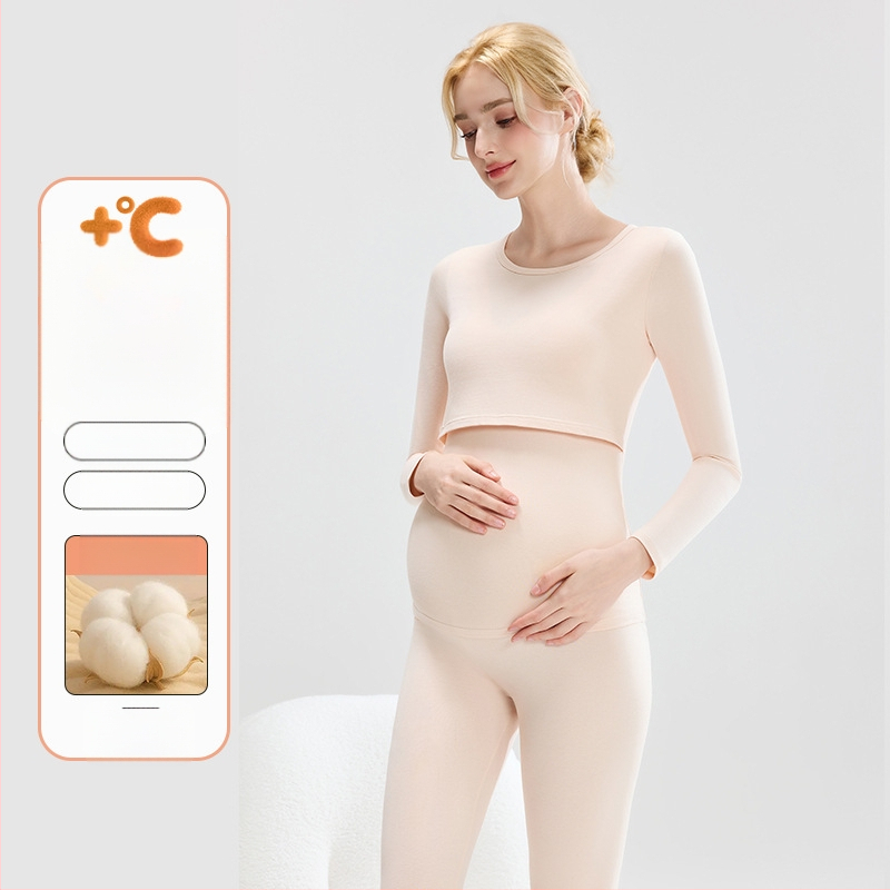 Tehotenský set: bavlnený pletený top s balónikovými rukávmi a dlhé nohavice, okrúhly výstrih, stredná hrúbka látky