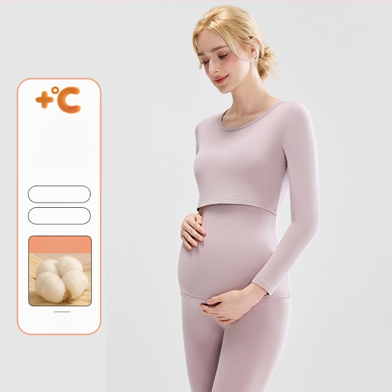 Tehotenský set: bavlnený pletený top s balónikovými rukávmi a dlhé nohavice, okrúhly výstrih, stredná hrúbka látky