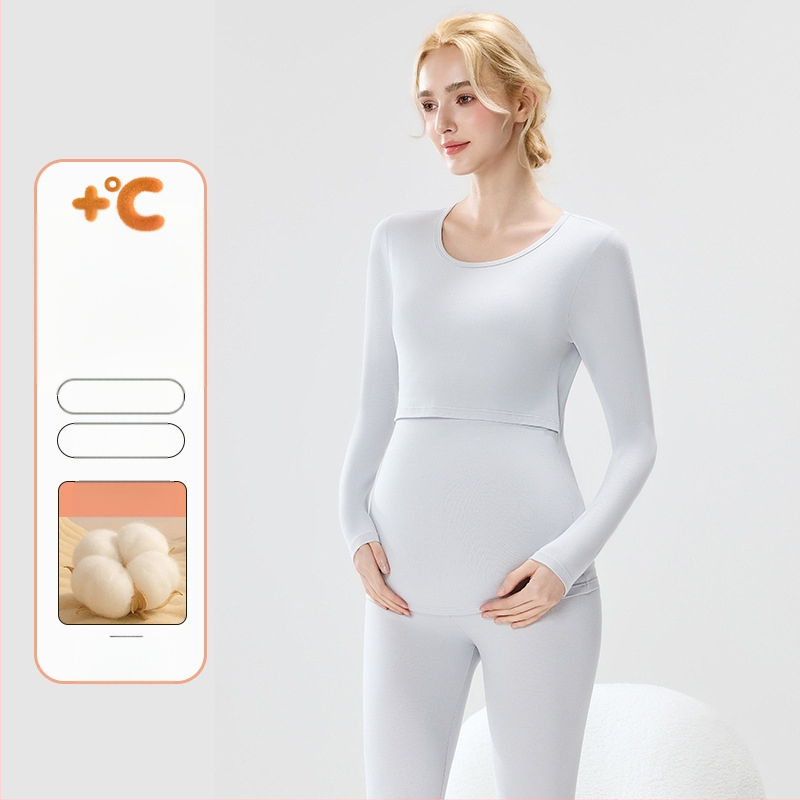 Tehotenský set: bavlnený pletený top s balónikovými rukávmi a dlhé nohavice, okrúhly výstrih, stredná hrúbka látky