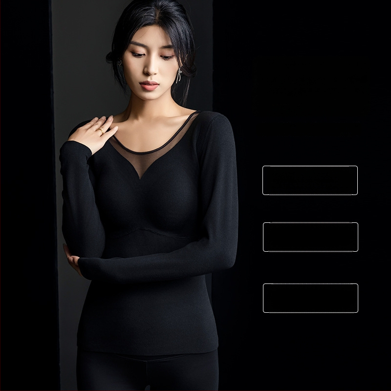 Ženské termálne tričko s integrovaným podprsenkovým košíkom a výplňou na prsník, dlhé rukávy, hrubý polyesterový materiál, teplé, jednofarebné