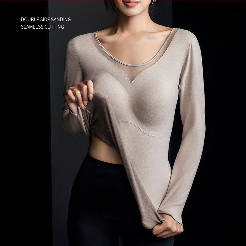 Ženské termálne tričko s integrovaným podprsenkovým košíkom a výplňou na prsník, dlhé rukávy, hrubý polyesterový materiál, teplé, jednofarebné
