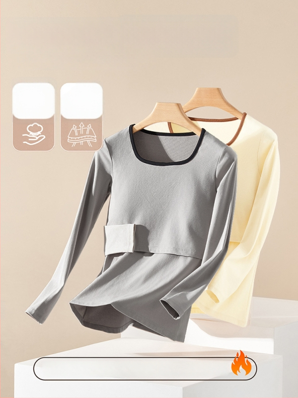 Tehotenský nočný set pre jeseň-zimu (vrchné a spodné) — dlhý rukáv, polyester 90–95%, bez vrások, s odnímateľnými výstelkami na prsiach