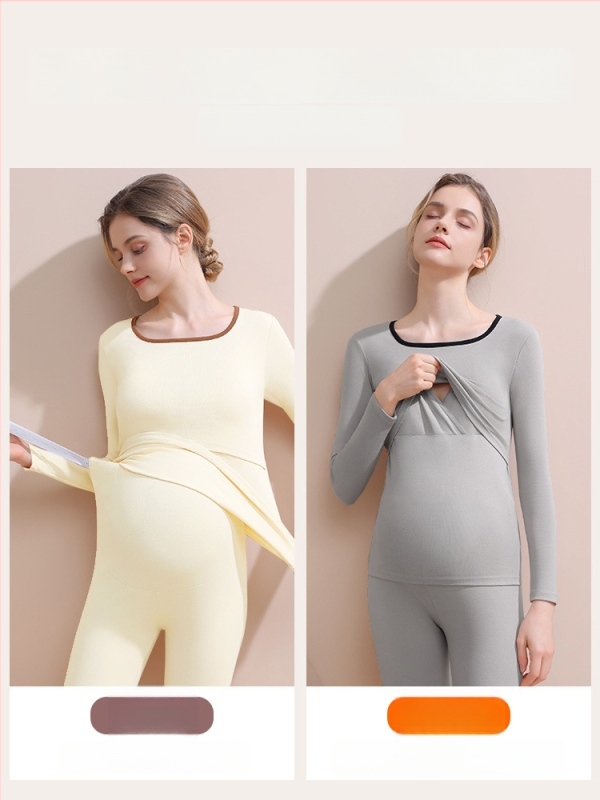 Tehotenský nočný set pre jeseň-zimu (vrchné a spodné) — dlhý rukáv, polyester 90–95%, bez vrások, s odnímateľnými výstelkami na prsiach