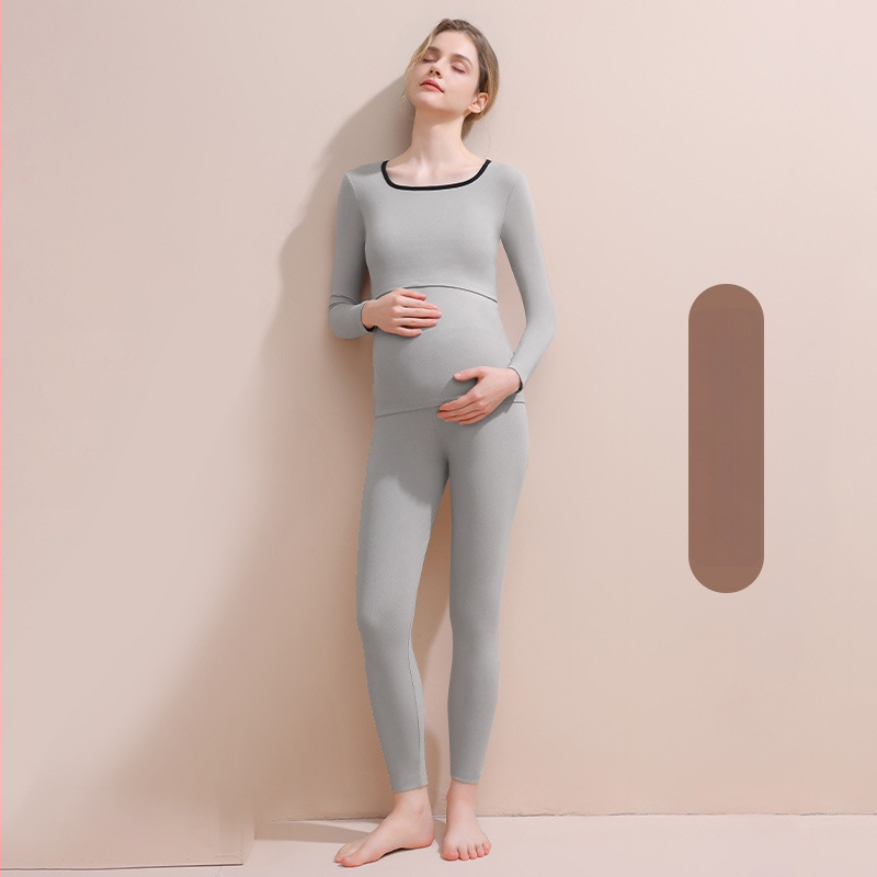 Tehotenský nočný set pre jeseň-zimu (vrchné a spodné) — dlhý rukáv, polyester 90–95%, bez vrások, s odnímateľnými výstelkami na prsiach