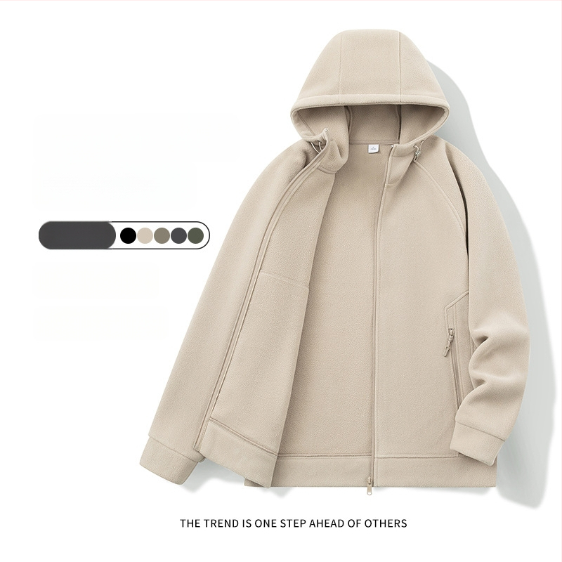 Pánske kapucňové fleecové kardigán s kapucňou, 100% polyester, rakúsky velúr, predný zips, okrúhly výstrih, voľný strih