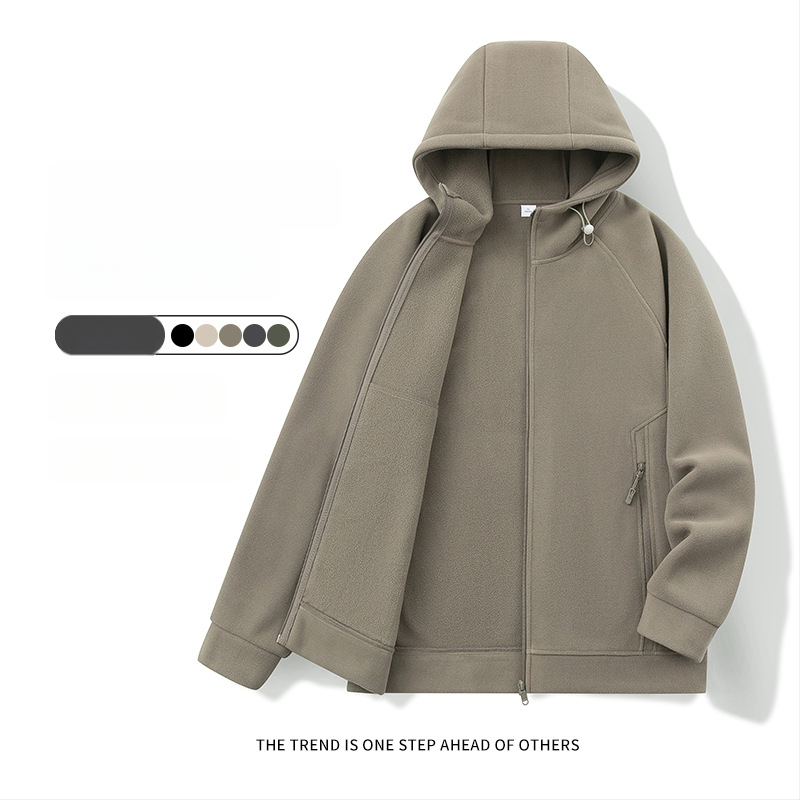 Pánske kapucňové fleecové kardigán s kapucňou, 100% polyester, rakúsky velúr, predný zips, okrúhly výstrih, voľný strih