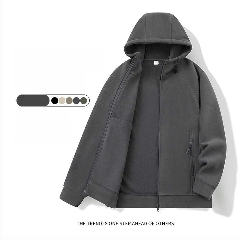 Pánske kapucňové fleecové kardigán s kapucňou, 100% polyester, rakúsky velúr, predný zips, okrúhly výstrih, voľný strih