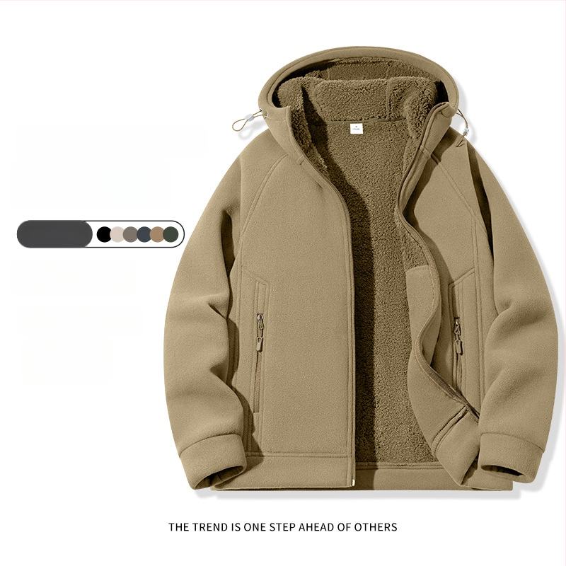 Pánske kapucňové fleecové kardigán s kapucňou, 100% polyester, rakúsky velúr, predný zips, okrúhly výstrih, voľný strih