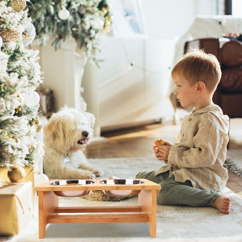 Drevený stojan na misky pre domáce zvieratá s vertikálnymi dvojitými miskami – kŕmiteľ pre mačky a psy (Wu ge yi)