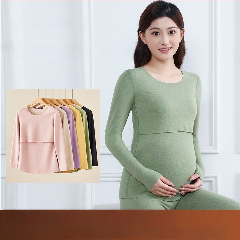 Tehotenský termálny spodný set | Kašmíro-akrylová zmes | Otvor na dojčenie | Dlhý rukáv, dlhé nohavice | Japonsko-kórejský casual štýl