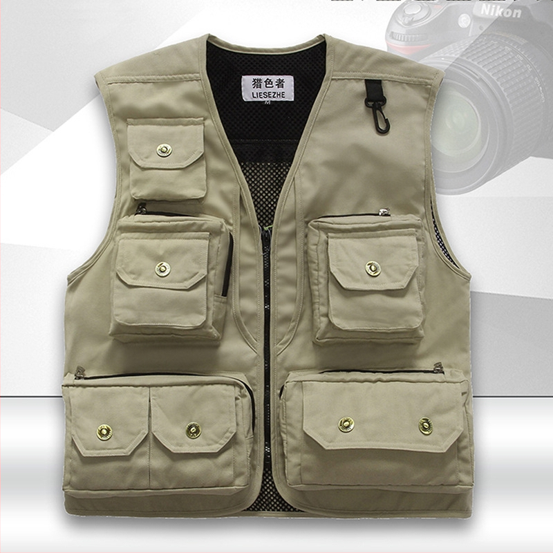Pánska bavlnená foto vesta s viacerými vreckami, zapínanie na zips, voľný strih, podšívka z polyesteru