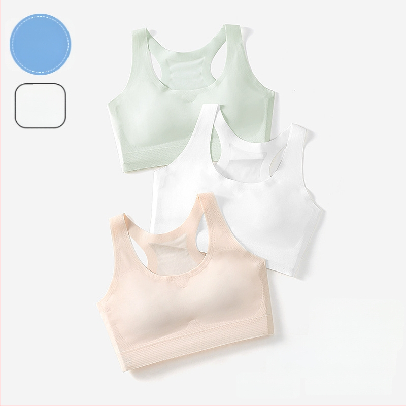 Dievčenská športová podprsenka pre vývoj: 3/4 košík, tenký tvarovaný košík, bavlnená výstelka, hlavný materiál Nylon, Ice Silk, pevné dvojité ramienka