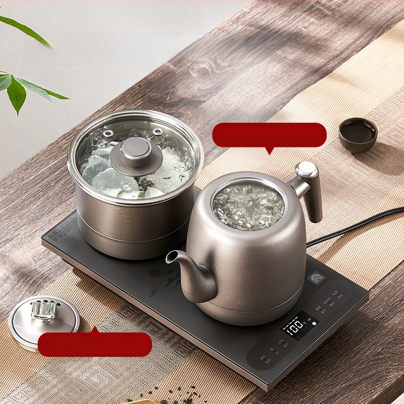 Elektrická platňa na čaj s integrovaným čajníkom, 2 indukčné horáky, objem pod 1 l, 1000–1500 W, nerezová oceľ + ABS