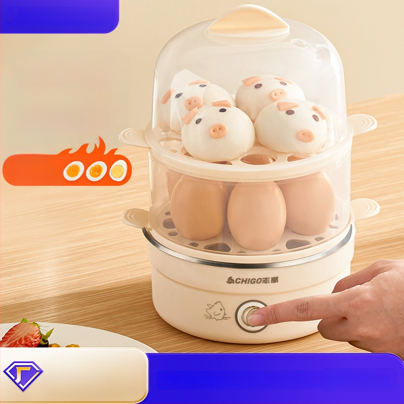 Fierbător de ouă Chigo cu dublu nivel de abur, întrerupere automată, 350W, 220V – ouă fierte, paste gătite la abur și budincă de ou