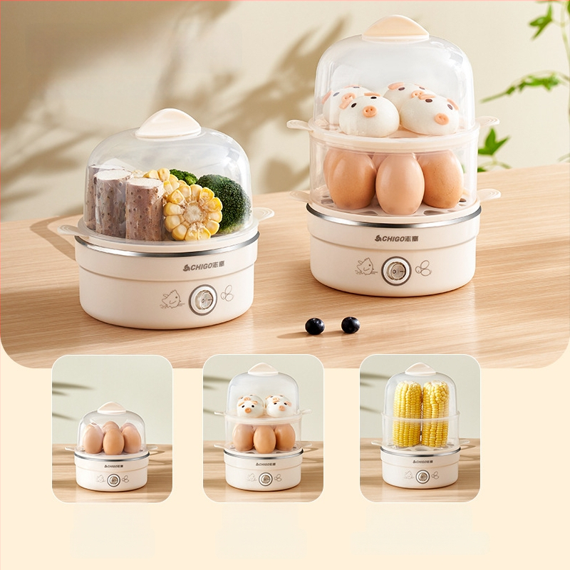 Fierbător de ouă Chigo cu dublu nivel de abur, întrerupere automată, 350W, 220V – ouă fierte, paste gătite la abur și budincă de ou