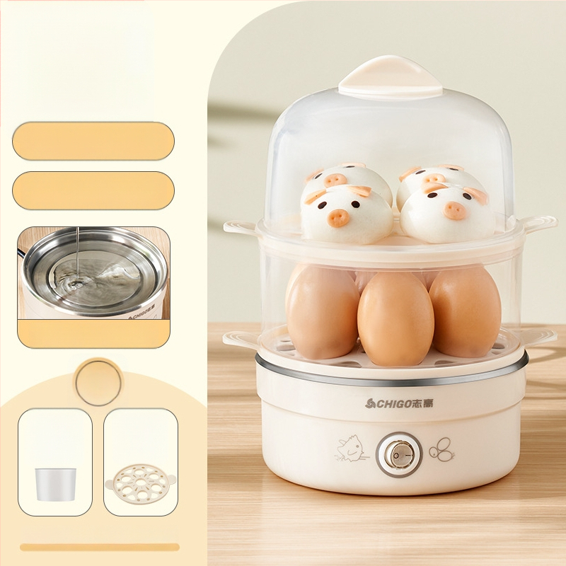 Fierbător de ouă Chigo cu dublu nivel de abur, întrerupere automată, 350W, 220V – ouă fierte, paste gătite la abur și budincă de ou