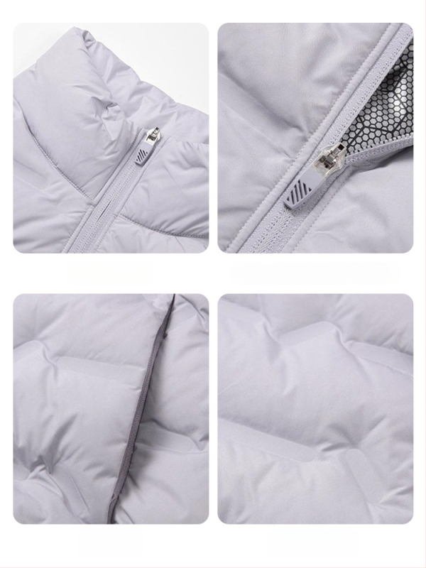Unisex zimná ľahká vesta s stojacim golom, voľný strih, výplň kačacím perím 81–85%, vrecká na zips, polyesterová tkanina
