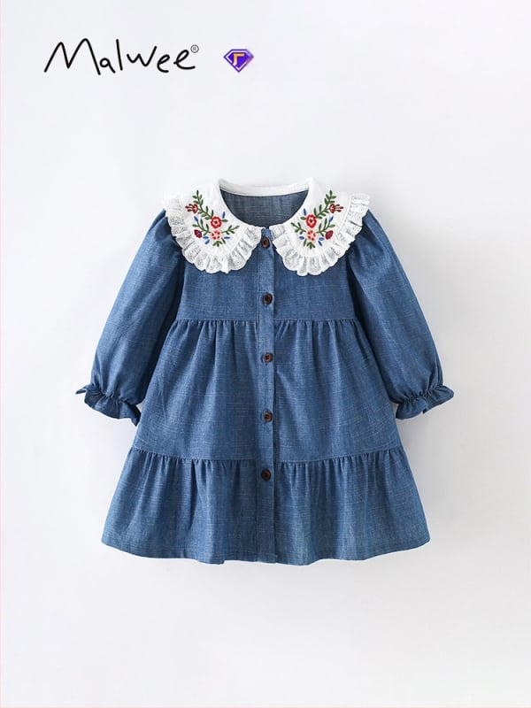 Detské šaty z bavlny s dlhým rukávom, princeznský strih, golier ako pri bábike, vzor karikatúry a kvety, pre vek 3–8 rokov, jeseň-zima