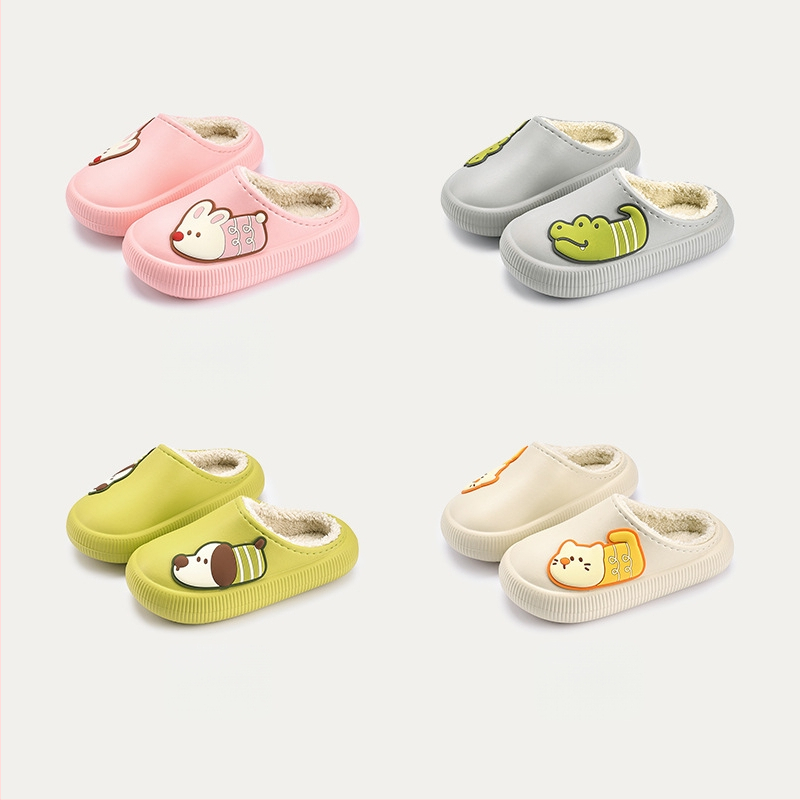 Detské bavlnené papuče — cartoon vzor, EVA horná časť a EVA podrážka, zimné teplo, unisex, vek 4-16 rokov