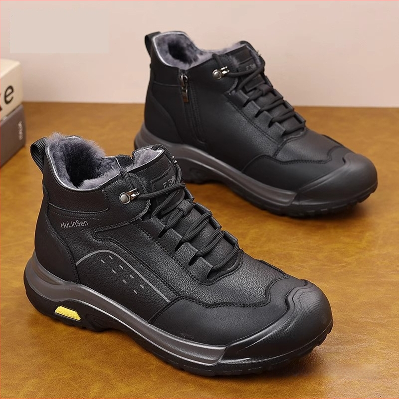 Pánske zimné vysoké topánky na sneh s kožušinovou podšívkou, dvojvrstvový vrchný materiál z kože, gumová podrážka, protišmyk, zima 2025