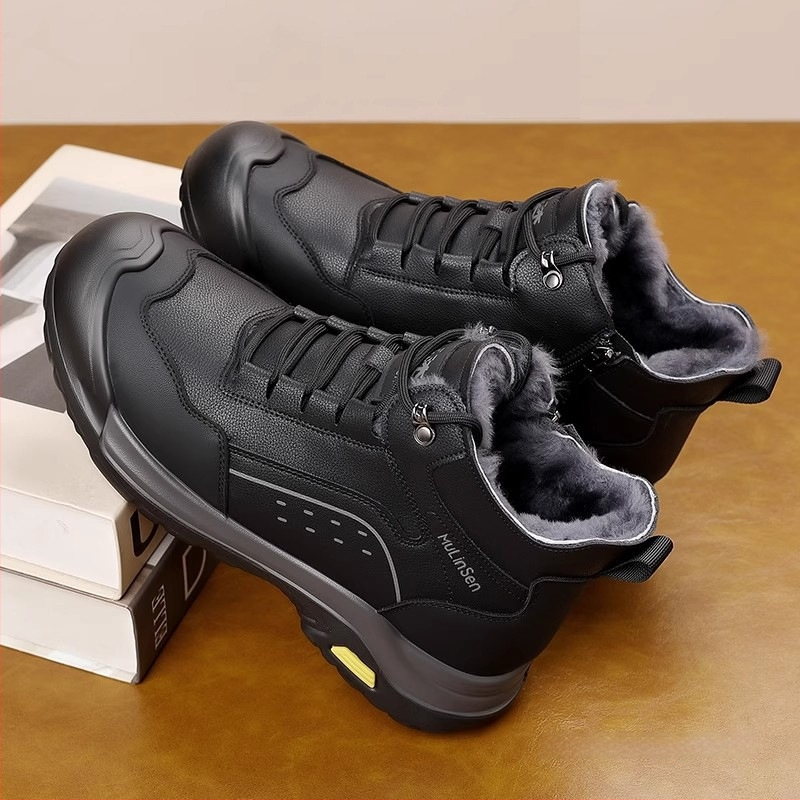 Pánske zimné vysoké topánky na sneh s kožušinovou podšívkou, dvojvrstvový vrchný materiál z kože, gumová podrážka, protišmyk, zima 2025