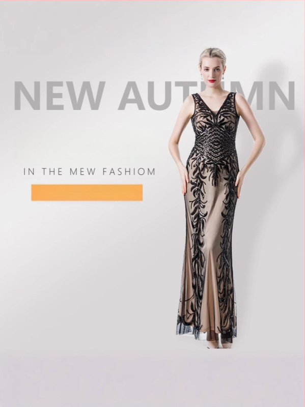 Вечерна рокля с пайети, дълбоко V-деколте, тясно прилепнал силует, полиестер, пролет 2025, подходяща за банкети и хотелски събития