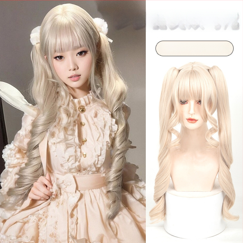 COS paruka s odnímateľnou dvojitou copou, kučeravé vlasy, vysokoteplotné hodvábne vlasy, mechanická výroba, nie je možné farbiť, model MGA-Y0028