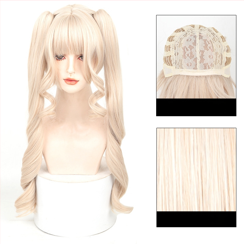 COS paruka s odnímateľnou dvojitou copou, kučeravé vlasy, vysokoteplotné hodvábne vlasy, mechanická výroba, nie je možné farbiť, model MGA-Y0028