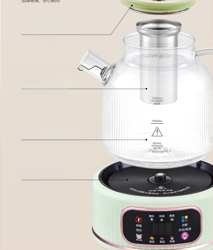 Sklenená kanvica na zdravie 1L, 220V, 400–500W, Digitálny termostat, Mikroprocesorové ovládanie