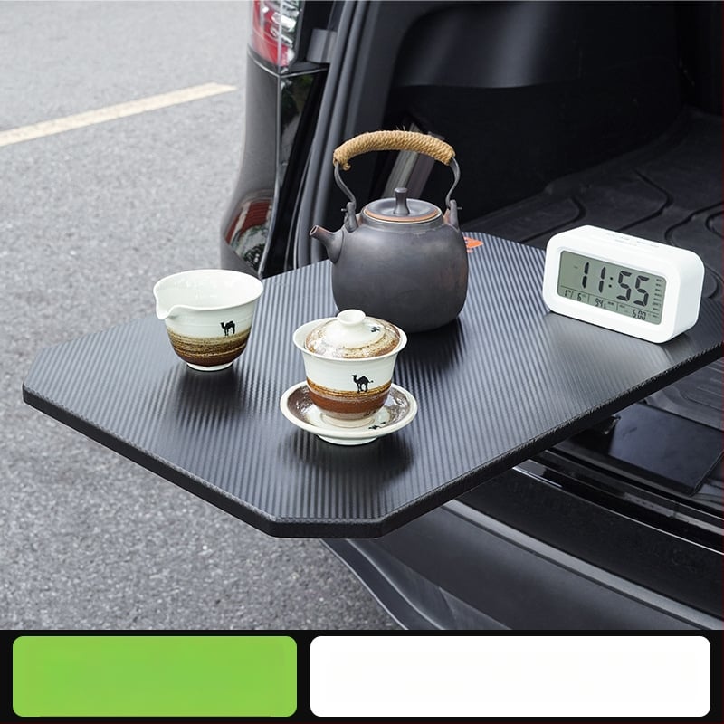 CHONGTENG Stolík do batožinového priestoru auta – drevený, zapínanie na klik, zloženie, demontáž, rotácia