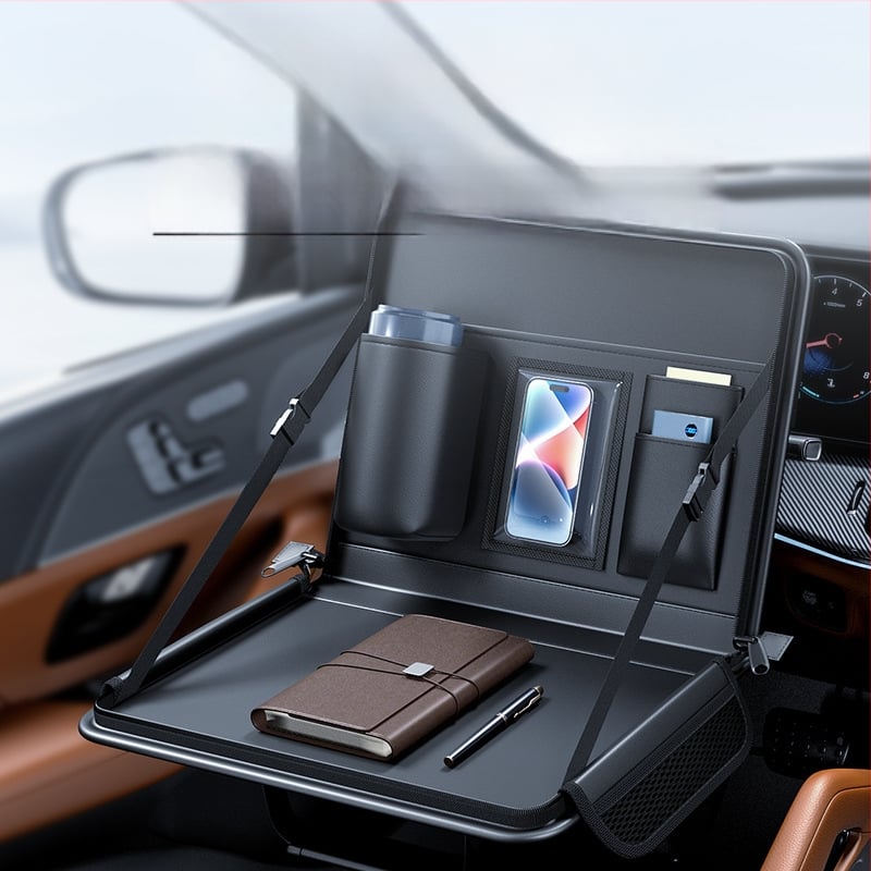 Aizmugurējā sēdekļa pakarināmais galdiņš ar ādas virsmu, ūdensdrošs, uzglabāšanas kabata, logotipa drukas iespēja