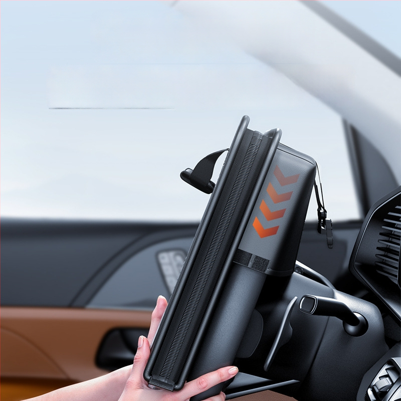 Aizmugurējā sēdekļa pakarināmais galdiņš ar ādas virsmu, ūdensdrošs, uzglabāšanas kabata, logotipa drukas iespēja