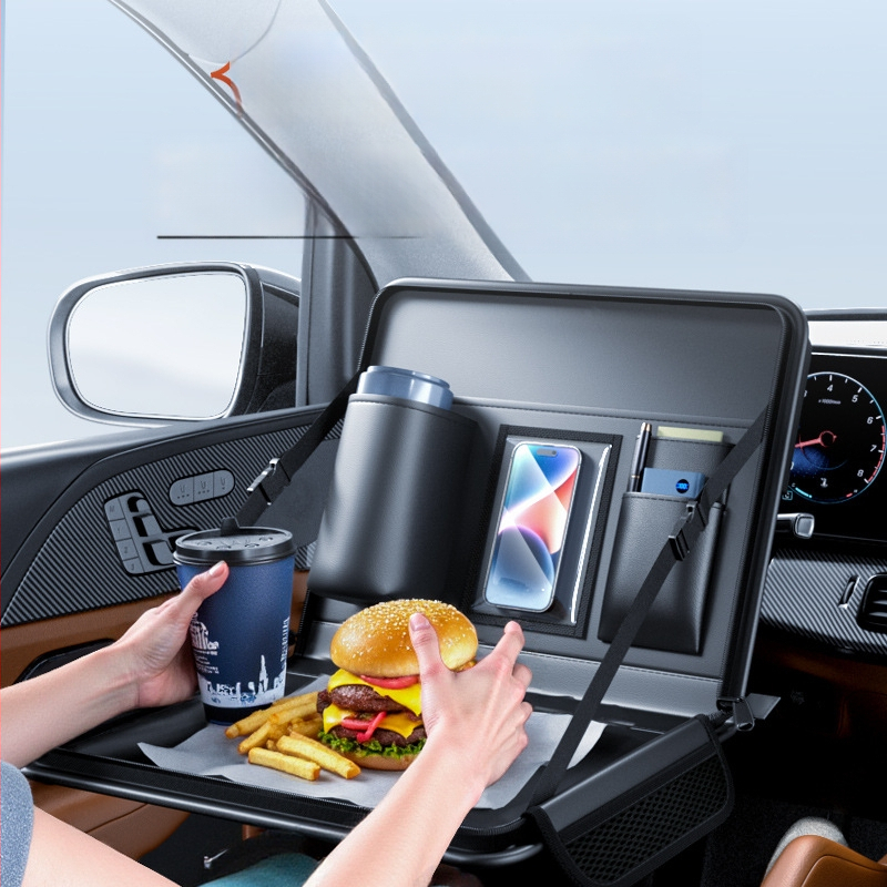 Aizmugurējā sēdekļa pakarināmais galdiņš ar ādas virsmu, ūdensdrošs, uzglabāšanas kabata, logotipa drukas iespēja