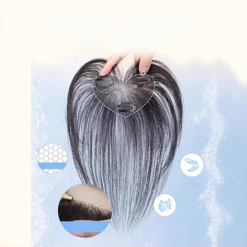 Príčesok z pravých vlasov, úplne ručne tkaný diel, frufru v tvare čísla 8 pre zakrytie línie vlasov; neviditeľný, prirodzený, ľahký a dýchajúci (Materiál: pravé vlasy; Spracovanie: ručné tkanie; Frufru: v tvare osmičky; Farbenie: povolené)