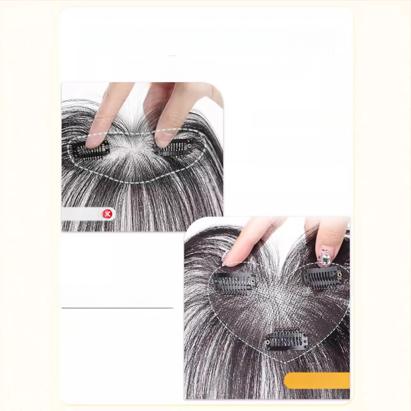 Príčesok z pravých vlasov, úplne ručne tkaný diel, frufru v tvare čísla 8 pre zakrytie línie vlasov; neviditeľný, prirodzený, ľahký a dýchajúci (Materiál: pravé vlasy; Spracovanie: ručné tkanie; Frufru: v tvare osmičky; Farbenie: povolené)