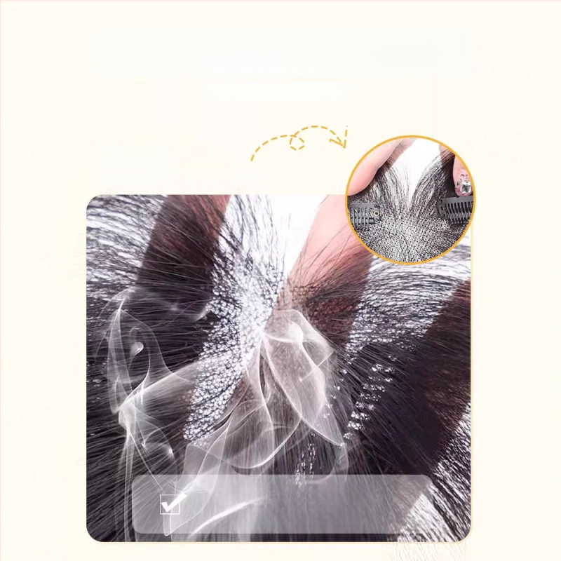 Príčesok z pravých vlasov, úplne ručne tkaný diel, frufru v tvare čísla 8 pre zakrytie línie vlasov; neviditeľný, prirodzený, ľahký a dýchajúci (Materiál: pravé vlasy; Spracovanie: ručné tkanie; Frufru: v tvare osmičky; Farbenie: povolené)