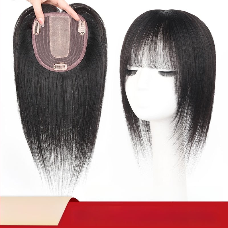 Patch na vrchnú časť paruky z pravých ľudských vlasov, rovný, 20–30 cm, priedušný, fariteľný, pridáva objem na zakrytie šedivých vlasov