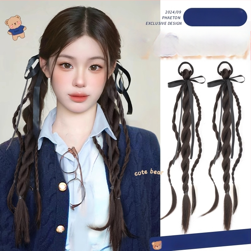 Parochňa s mašlou a twist copom a dvojitým chvostom — tepelne odolné syntetické vlákno; model Bear Ribbon Twist Braid; nie je možné farbiť ani kučerať