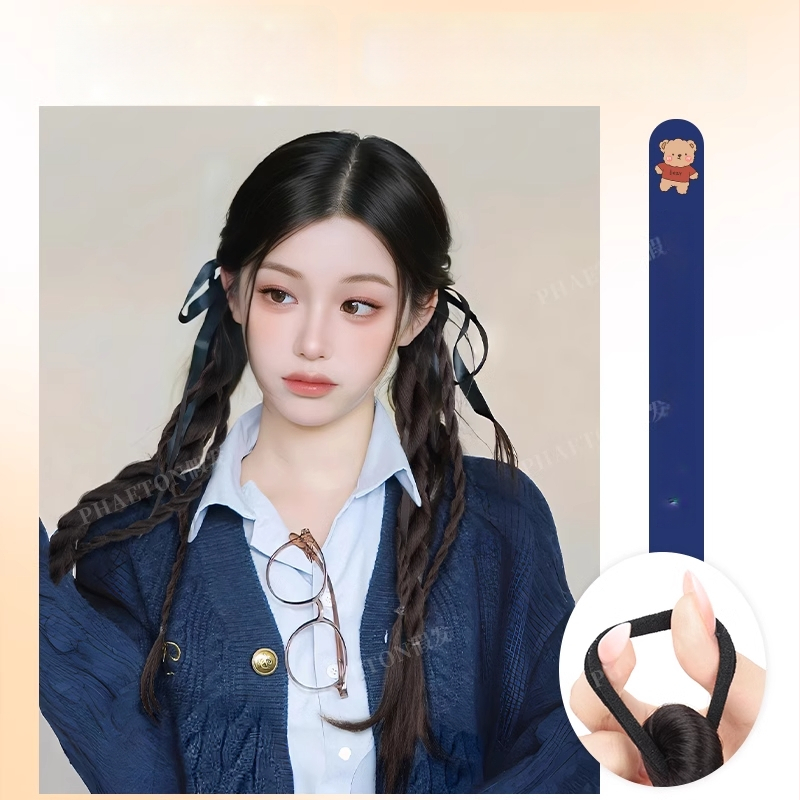 Parochňa s mašlou a twist copom a dvojitým chvostom — tepelne odolné syntetické vlákno; model Bear Ribbon Twist Braid; nie je možné farbiť ani kučerať