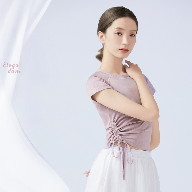 Suve naiste tantsutopp lühikeste varrukatega, ümmarguse kaelusega, tõmmitsaga, baletile, ladina ja kaasaegsele tantsule, polüesterkangas