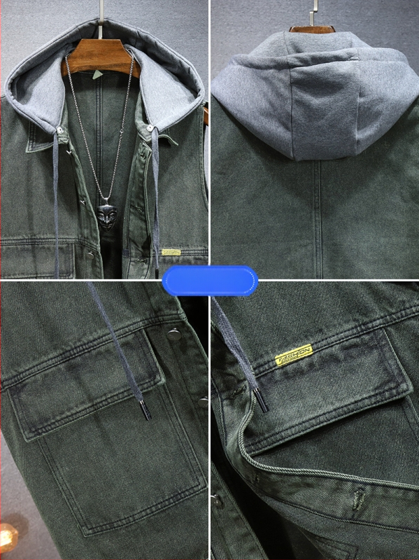 Džínsová vesta s kapucňou, voľný strih, golier s klapkou, zapínanie na jeden rad gombov, pranie pieskom