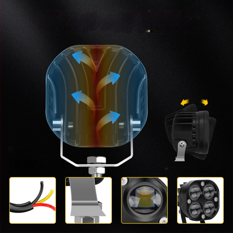 Motocyklový LED reflektor s dizajnom štyroch listov – hliníkové telo, 12V, vodotesný, životnosť 20000 h