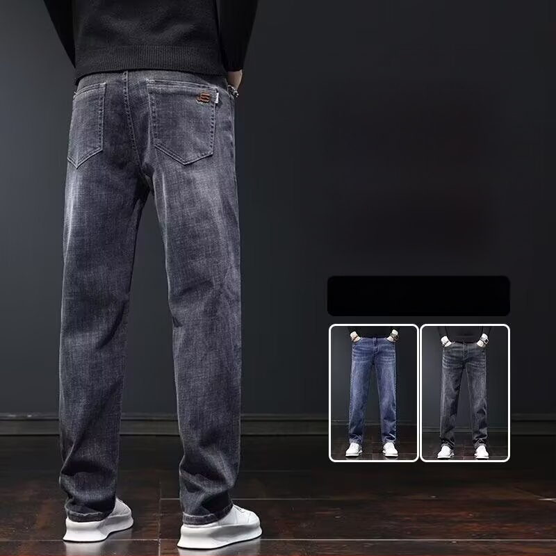 Meeste denimist teksad sirge lõikega, fliisvooder, keskmine talje, tõmblukk, pikkus