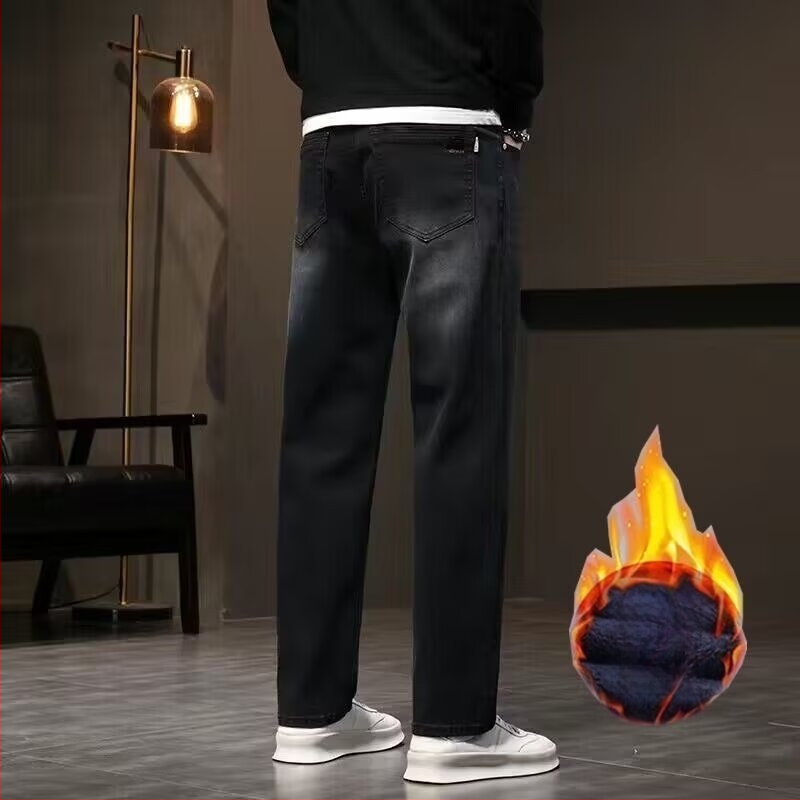 Meeste denimist teksad sirge lõikega, fliisvooder, keskmine talje, tõmblukk, pikkus