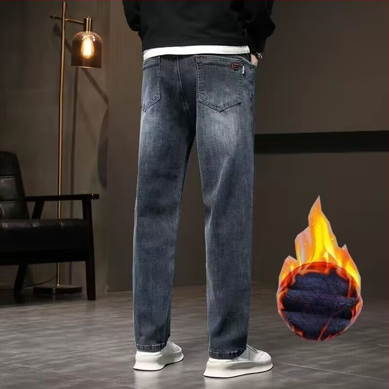 Meeste denimist teksad sirge lõikega, fliisvooder, keskmine talje, tõmblukk, pikkus